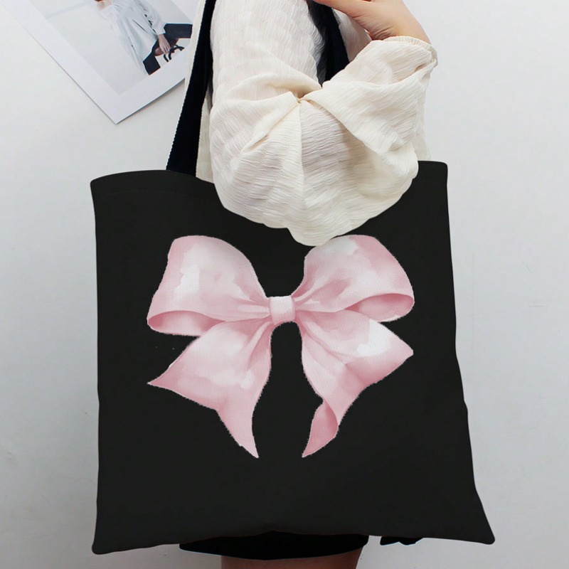 Women Bags For Work - ROMWE Kawaii Canvas-Umhängetasche mit Schleifenmuster, Valentinstag-Canvas-Handtasche,