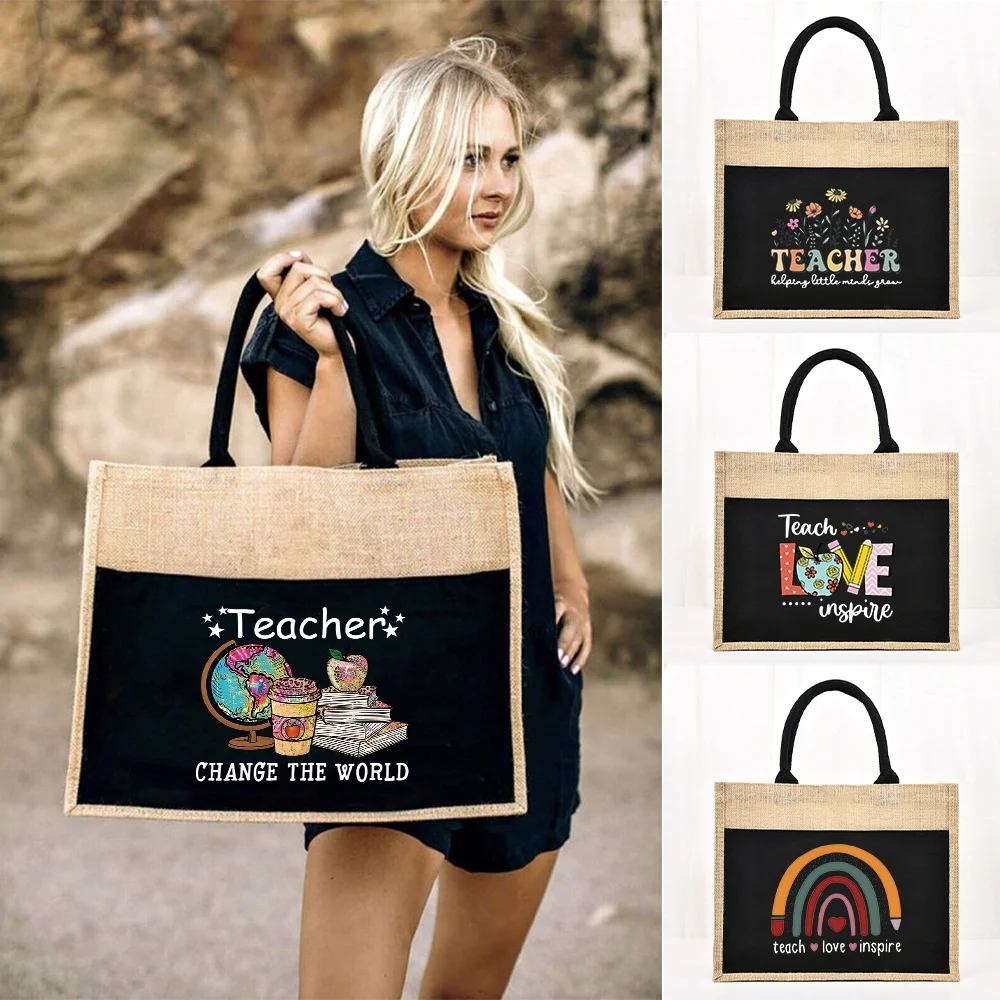 Women Bags Jute - Einkaufstasche, wiederverwendbar, Jute-Einkaufstasche, großes Fassungsvermögen, Leinen-Einkaufstaschen,