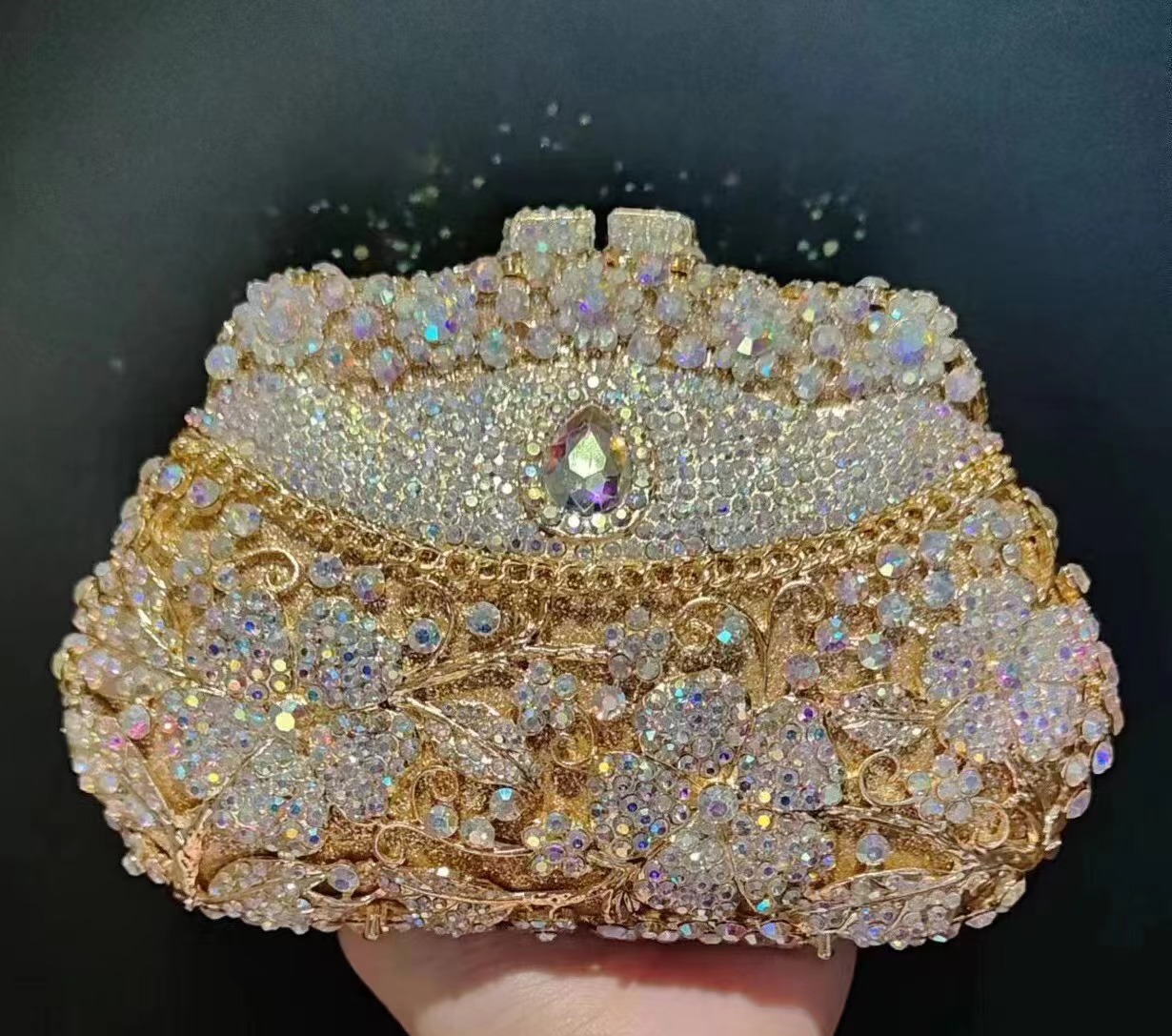 Women Bags Golden - Goldene Metall-Blumen-Diamant-Abendtasche Damen Kristall-Hochzeits-Clutch Party-Handtaschen Damen