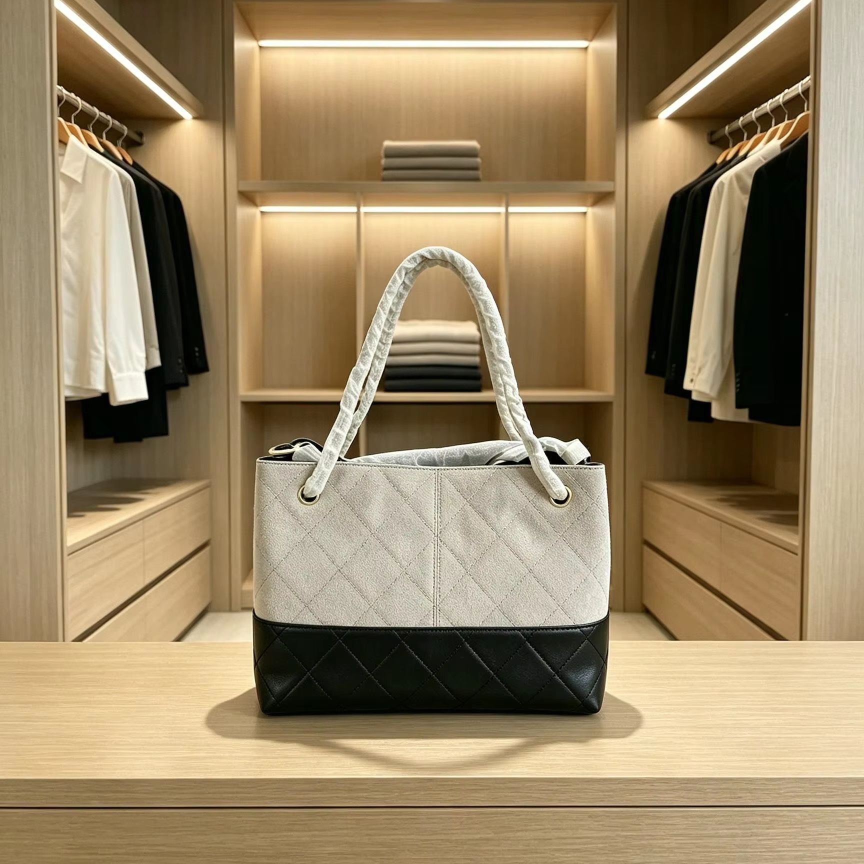 Women Bags Grey - Grau-Schwarze Zweifarbige Gesteppte Tragetasche für Damen