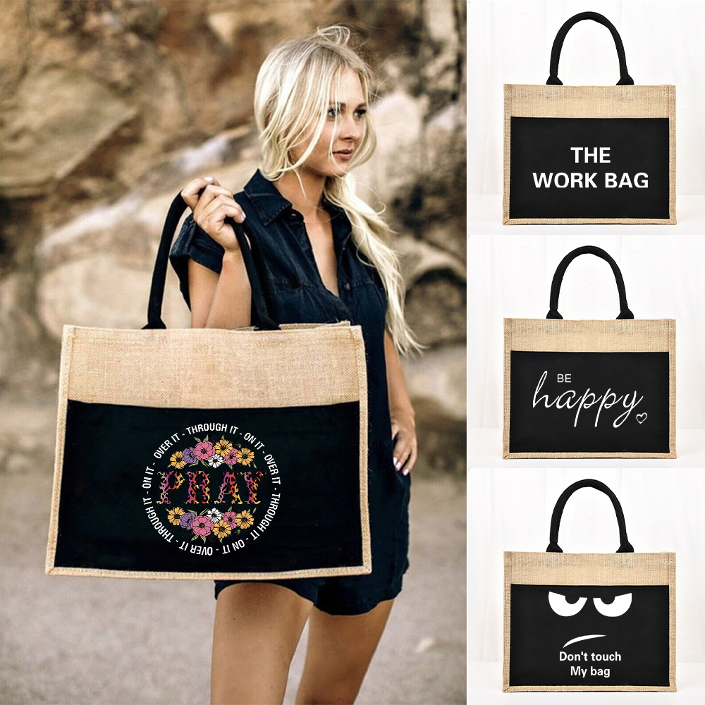 Women Bags Jute - Einkaufstasche, wiederverwendbar, Jute-Einkaufstasche, großes Fassungsvermögen, Leinen-Einkaufstüten,