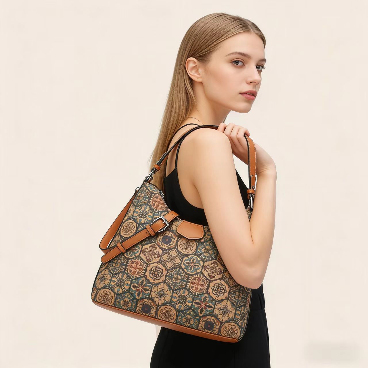 Women'S Kipling Bags - Retro Multielement-Print Ethno-Stil Kork-Handtasche – Umhängetasche