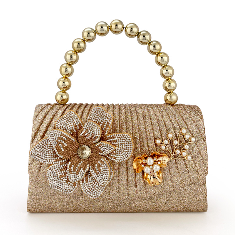 Women Bags Golden - Goldene Funkelnde Diamant-Blumen-Abendtasche, Metallperlen-Handtasche, Kleidertasche.