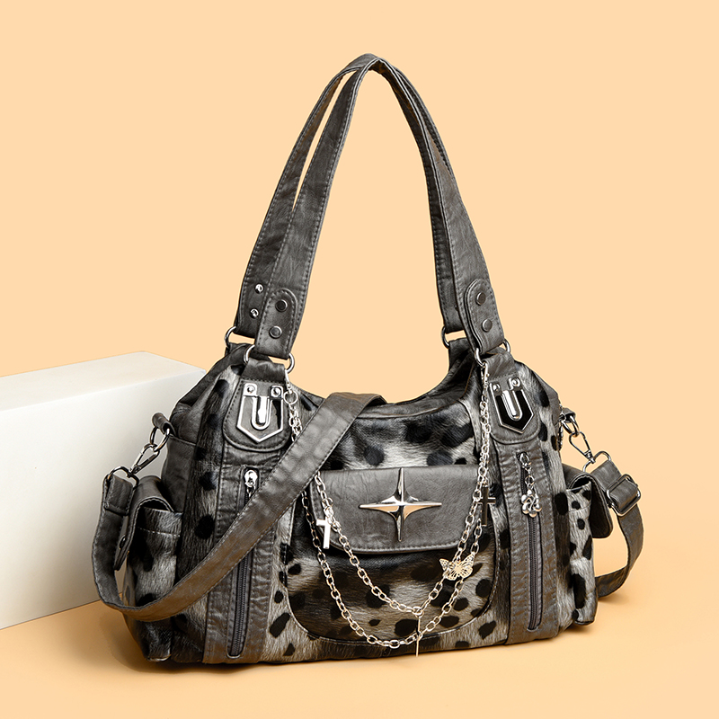 Women Bags Grey - Graue Leopardenmuster-Handtasche Cross Star Subkultur Y2k